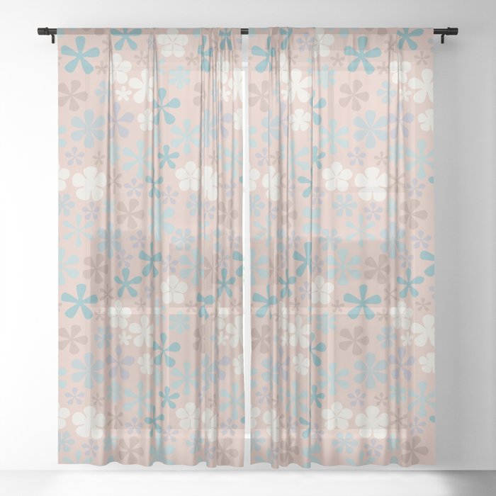 pale peach and blue nautical floral eclectic daisy print ditsy florets Sheer Curtain