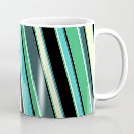 [ Thumbnail: Colorful Dark Slate Gray, Turquoise, Light Yellow, Sea Green, and Black Colored Lined Pattern Coffee Mug ]