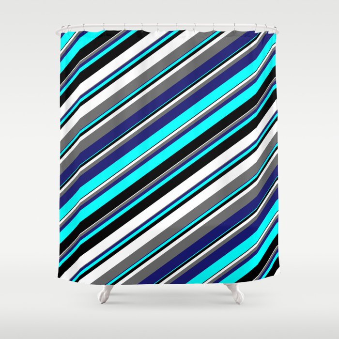 Aqua, Black, White, Dim Gray & Midnight Blue Colored Stripes/Lines Pattern Shower Curtain