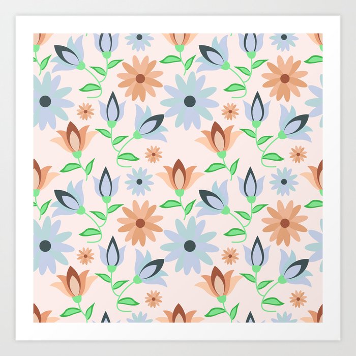Cute flower elements semless pattern on linen color background! Art Print