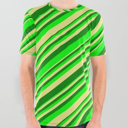 [ Thumbnail: Tan, Green & Lime Colored Stripes/Lines Pattern All Over Graphic Tee ]