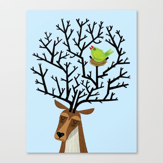 The Tree Stag and The Green Finch Canvas Print