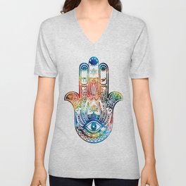 Colorful Hamsa Hand 2 - Jewish Art - Sharon Cummings V Neck T Shirt