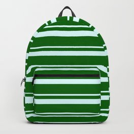 [ Thumbnail: Light Cyan and Dark Green Colored Lined/Striped Pattern Backpack ]