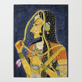 Bani Thani female portrait painting in traditional Rajasthani, the Mona Lisa of India by Nihal Chand Poster