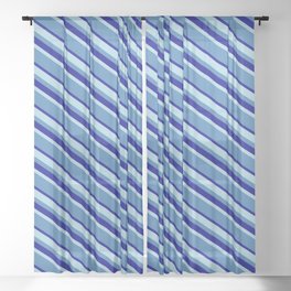 [ Thumbnail: Light Blue, Blue & Dark Blue Colored Lined/Striped Pattern Sheer Curtain ]