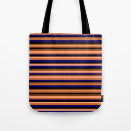 [ Thumbnail: Eyecatching Light Salmon, Chocolate, Blue, Black & Brown Colored Stripes/Lines Pattern Tote Bag ]