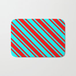 [ Thumbnail: Aqua and Red Colored Lined Pattern Bath Mat ]