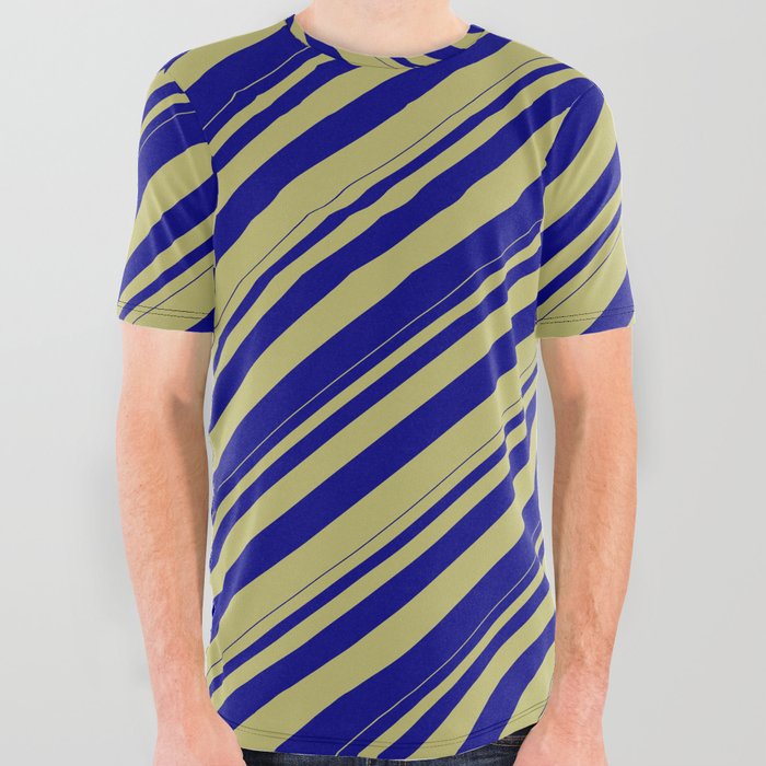 Dark Khaki and Blue Colored Lines Pattern All Over Graphic Tee