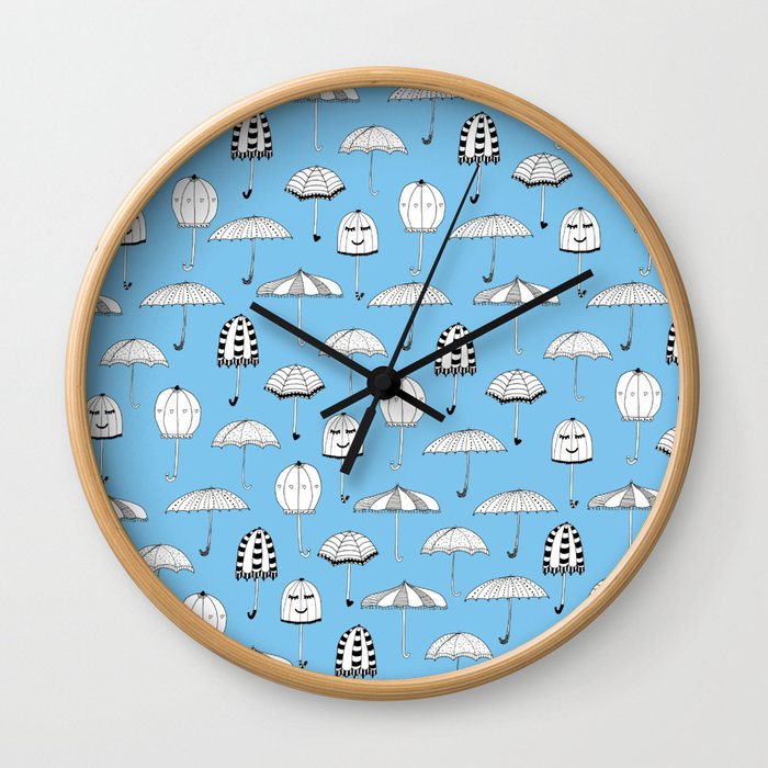 Happy Umbrellas Pattern - blue Wall Clock
