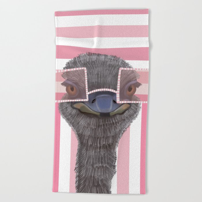 Funny Ostrich with Pink Glasses on Stripe Pattern Beach Towel
