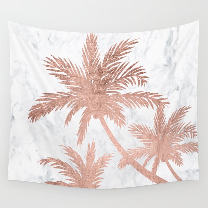 Tropical simple rose gold palm trees white marble Wall Tapestry