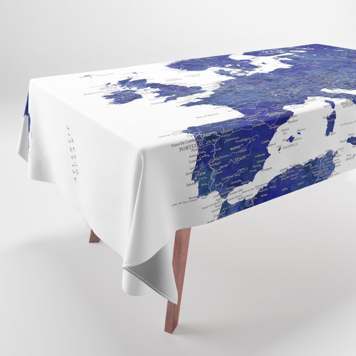 Navy blue watercolor detailed map of Europe with cities Tablecloth