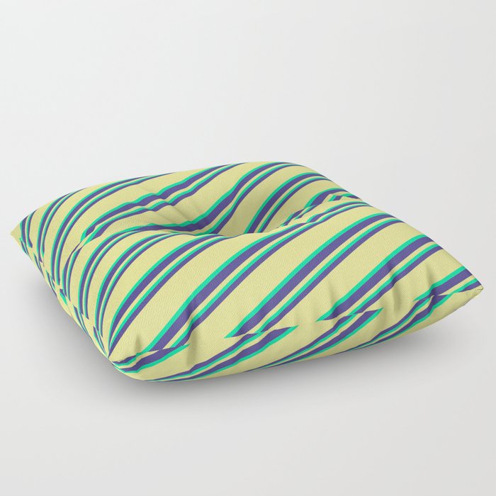 Dark Slate Blue, Tan, and Green Colored Striped Pattern Floor Pillow