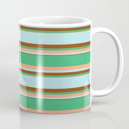 [ Thumbnail: Sea Green, Light Salmon, Powder Blue, and Brown Colored Striped/Lined Pattern Coffee Mug ]