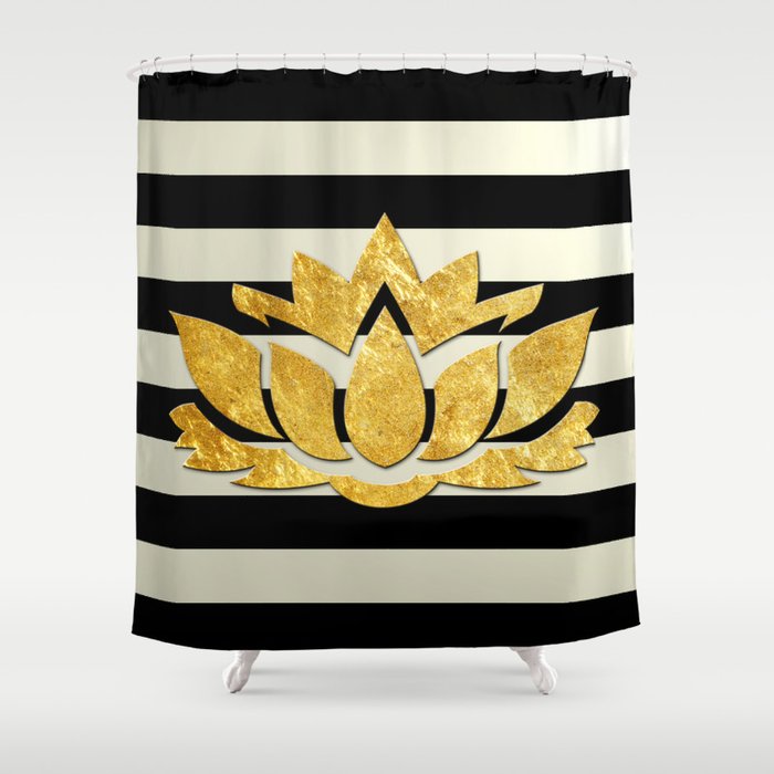 Horizontal Stripes Gold Metallic Lotus Flower Shower Curtain By Horizontal Stripes Gold Metallic Lotus Flower Shower Curtain