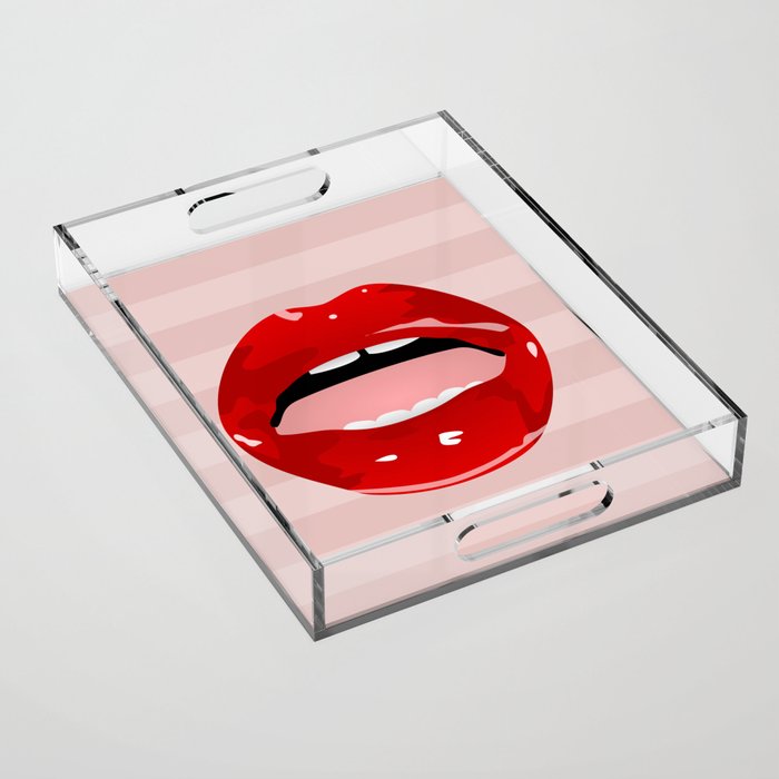 Red Lips On Pink Stripes Acrylic Tray