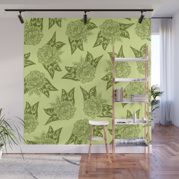 Cabbage Roses in Chartreuse Wall Mural