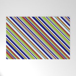 [ Thumbnail: Blue, Light Cyan, Brown, Green, and Grey Colored Striped Pattern Welcome Mat ]
