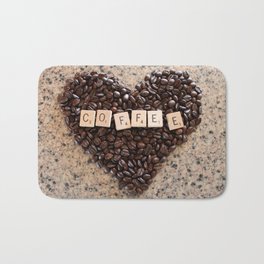 Love Coffee Bath Mat | Digital, Photo, Coffeelove, Coffee, Coffeebeans, Scrabbletiles, Heart, Macro, Ladysnowangel, Color 