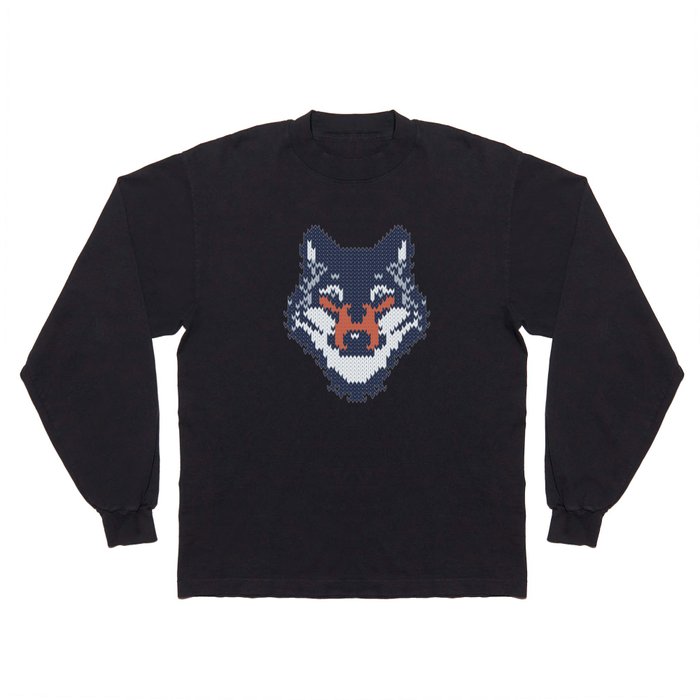 Fair isle knitting grey wolf // navy blue and grey wolves orange moons and pine trees Long Sleeve T Shirt