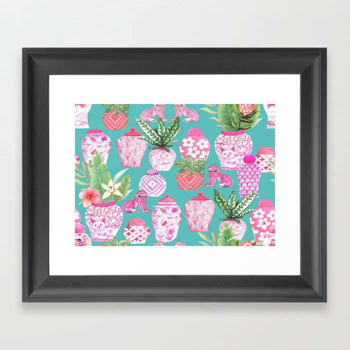 Pink Chinese ginger jars on teal with calathea plants and palms Framed Art Print