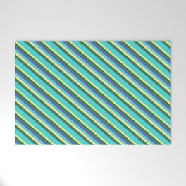 [ Thumbnail: Turquoise, Beige, Forest Green, and Slate Blue Colored Lines/Stripes Pattern Welcome Mat ]