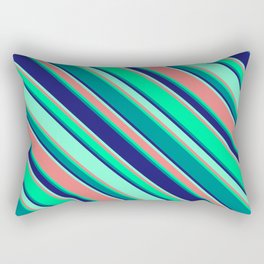 [ Thumbnail: Eyecatching Green, Dark Cyan, Midnight Blue, Aquamarine & Light Coral Colored Lines Pattern Rectangular Pillow ]