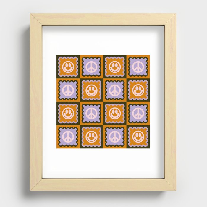 Funky Checkered Smileys and Peace Symbol Pattern (Dark Brown, Ginger Brown, Lilac, Muted Pink) Recessed Framed Print