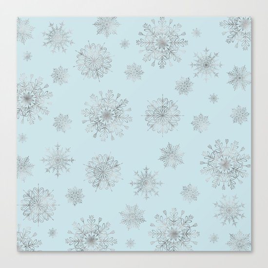 Assorted Silver Snowflakes On Light Blue Background Canvas Print