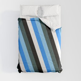 [ Thumbnail: Dark Slate Gray, Light Sky Blue, Blue, White, and Black Colored Lines Pattern Comforter ]