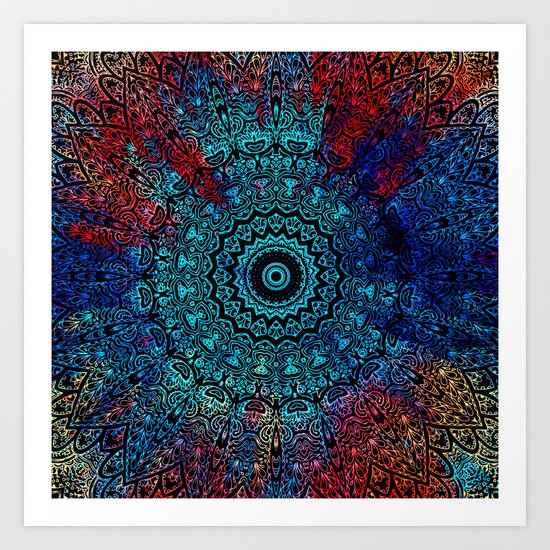 Bohemian Passion Blue & Red Mandala Design Art Print
