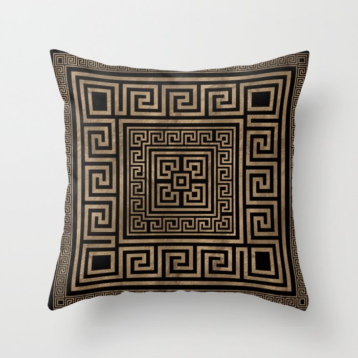 Greek Key Ornament - Greek Meander -Gold on Black Throw Pillow