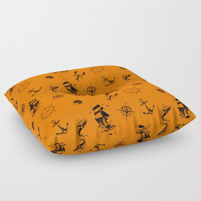 Orange And Black Silhouettes Of Vintage Nautical Pattern Floor Pillow