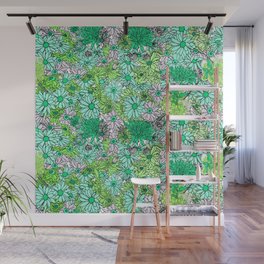 Flower Power Bold Multicolored Green Aqua Gray Botanical Pattern Wall Mural