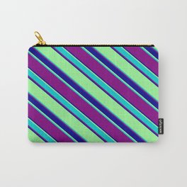 [ Thumbnail: Green, Dark Turquoise, Purple, and Dark Blue Colored Striped Pattern Carry-All Pouch ]