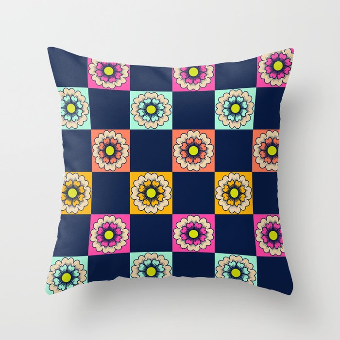 Bright block print flower checks retro navy hot pink yellow