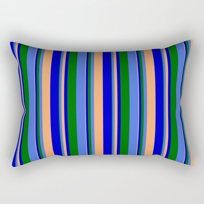 Brown, Blue, Dark Green, and Royal Blue Colored Lines Pattern Rectangular Pillow