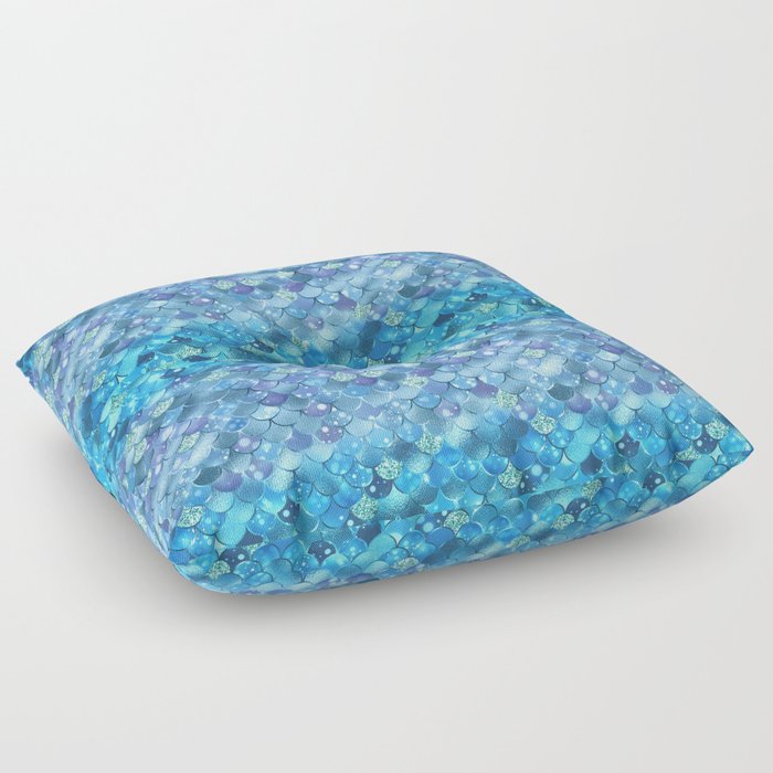 Aqua Blue Mermaid Pattern Metallic Glitter Floor Pillow