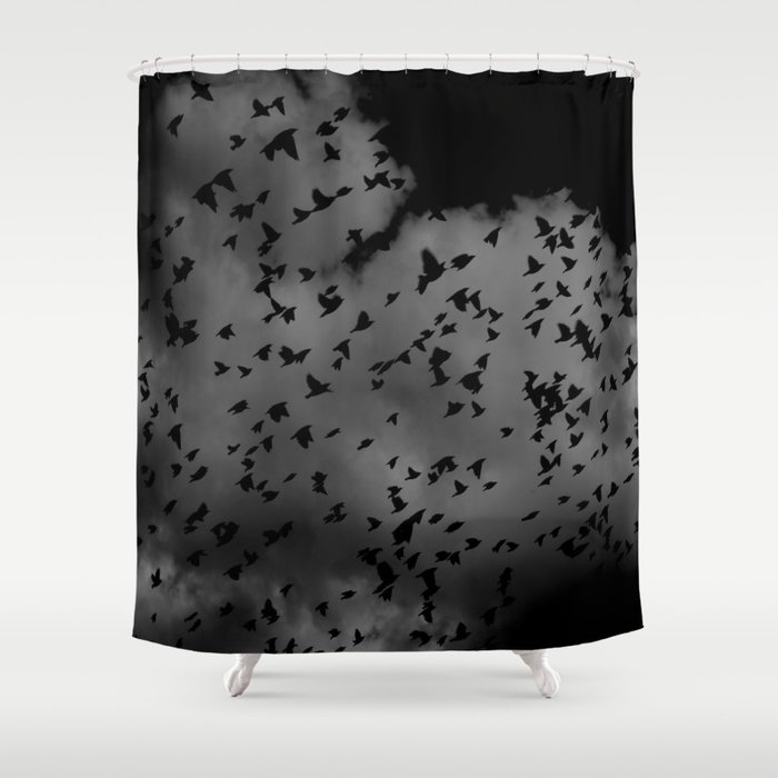 Flock Of Birds Flying Through A Dark Dense Gloomy Cloudy Sky Grey And Black Shower Curtain By Enshape Society6