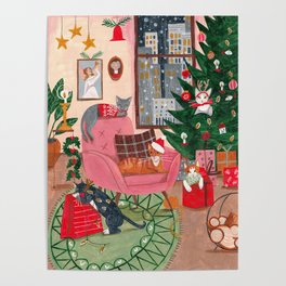 Festive retro Christmas cats modern traditional holiday Poster