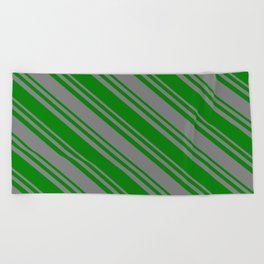 [ Thumbnail: Green & Gray Colored Stripes Pattern Beach Towel ]