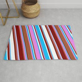 [ Thumbnail: Vibrant Violet, Sienna, Maroon, White, and Deep Sky Blue Colored Stripes Pattern Rug ]