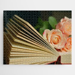 Books and roses color photograph wall home decor by 'Lil Beethoven Publishing for writer's room, office, bar, bedroom wall decor Jigsaw Puzzle