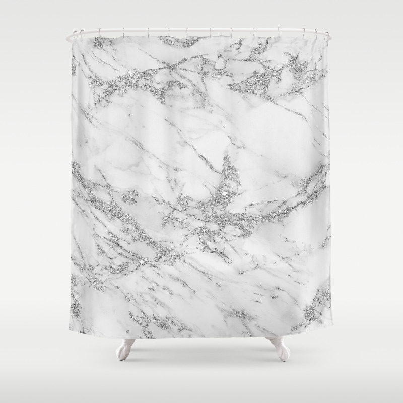 Elegant Chic White Gray Silver Glitter, Grey Marble Shower Curtain