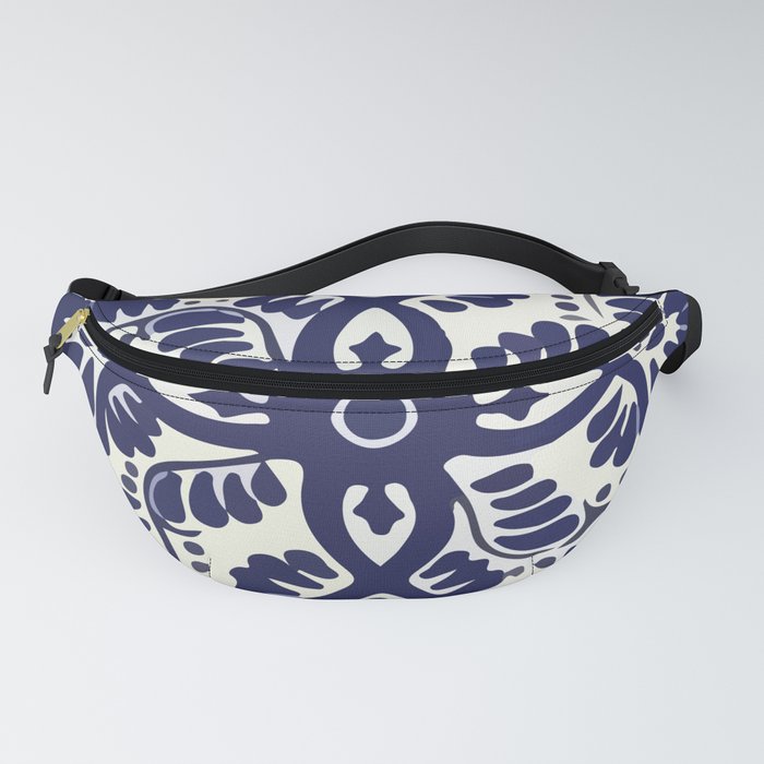 Navy blue leaves abstract bold mexican vintage tile interior design Fanny Pack