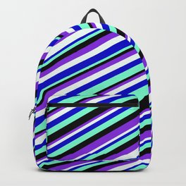 [ Thumbnail: Vibrant Blue, Aquamarine, Black, Purple, and Mint Cream Colored Lined Pattern Backpack ]