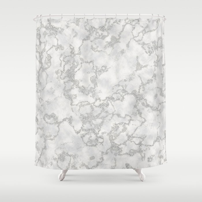 Metallic Silver White Marble Texture Shower Curtain By