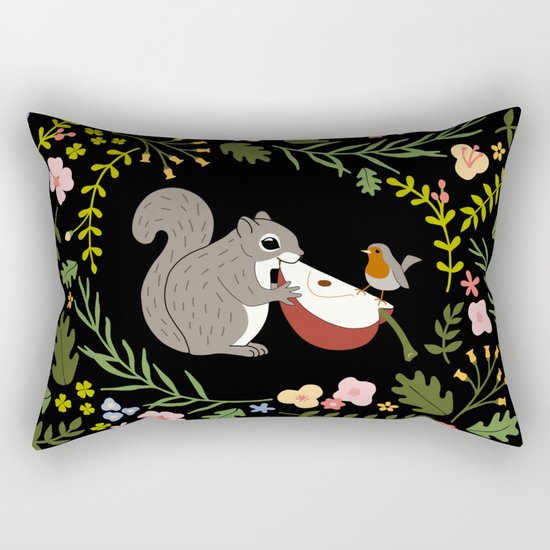 Friendship in Wildlife_Squirrel and Robin_Bg Black Rectangular Pillow