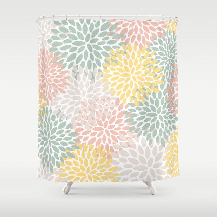 Festive Abstract Fl Prints C, Green And Yellow Shower Curtain